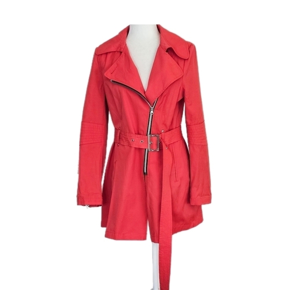 Black Rivet Belted Rain Trench Zip Coat Watermelon Size M - Picture 1 of 15